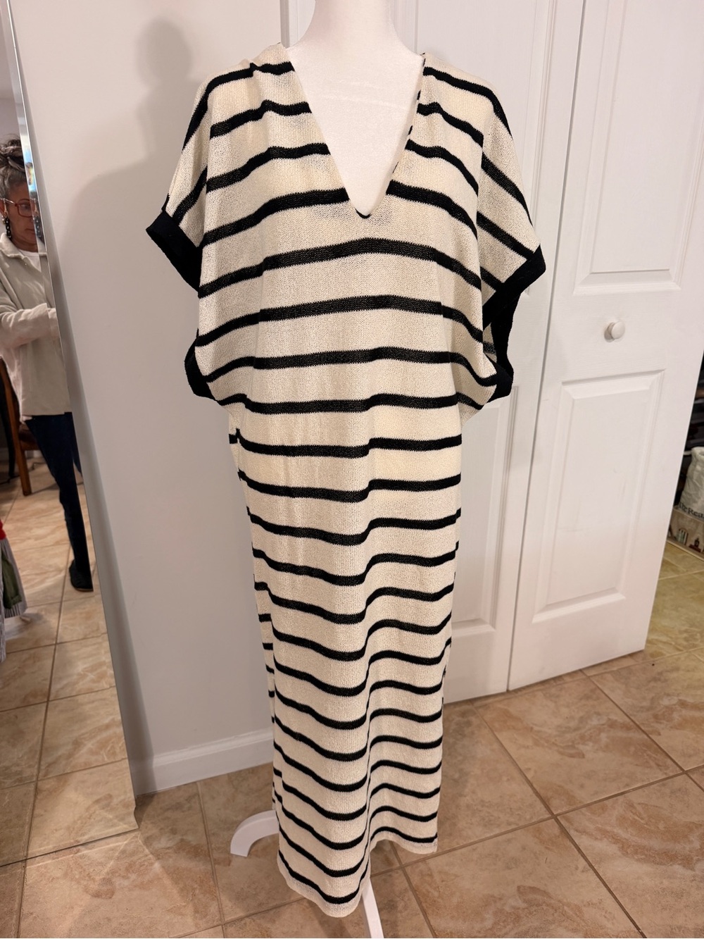 Zara Black and Cream Striped V-Neck caftan Maxi Dress